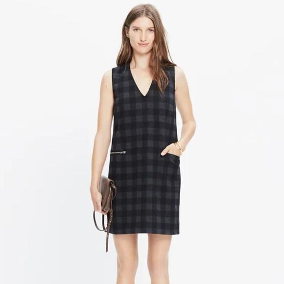 Madewell Buffalo Check Jumper Dress Black Gray Sleeveless XXS Mini Wool Blend - Picture 1 of 7